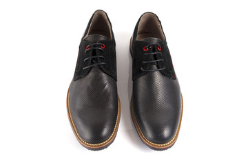 Male black leather shoe on white background, isolated product, comfortable footwear.