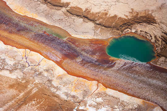 Aerial view of the Dead Sea salt pools and Ein boqeq
