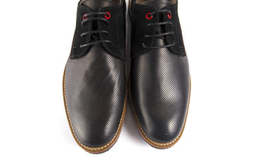 Male black leather shoe on white background, isolated product, comfortable footwear.