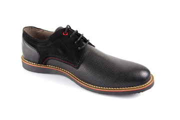 Male black leather shoe on white background, isolated product, comfortable footwear.