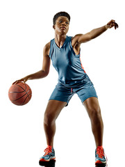 Naklejka premium one african Basketball players woman teenager girl isolated on white background with shadows