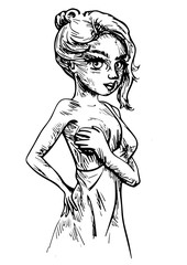 vrouw met hand op rechter borst