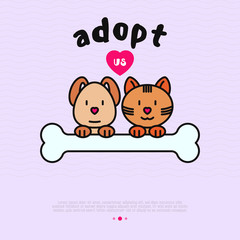 Pet adoption concept: funny cat and dog with bone. Modern vector illustration.