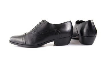 Male black leather shoe on white background, isolated product, comfortable footwear.