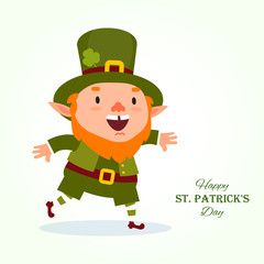 St.Patrick 's Day. Leprechaun hurries to a holiday or a sale. Isolated on white background