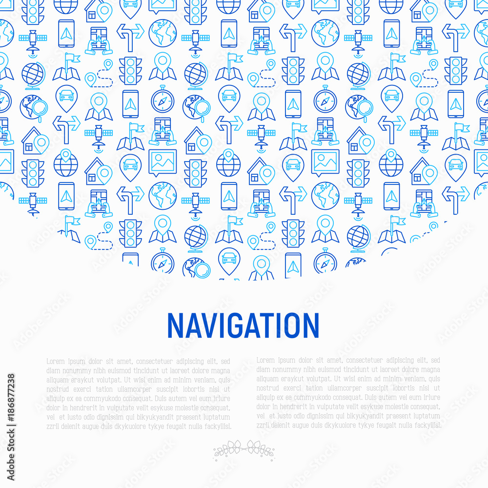 Poster navigation and direction concept with thin line icons set: pointer, compass, navigator on tablet, tr
