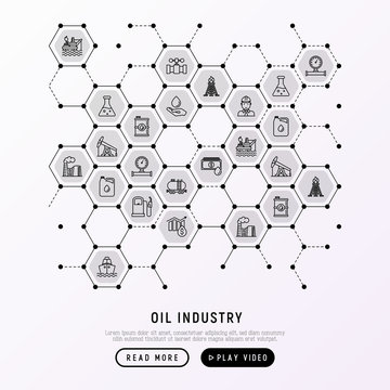 Oil industry concept in honeycombs with thin line icons: gas, petroleum, diesel,  truck, tanker, ship, refinery, barrel. Modern vector illustration, web page template.