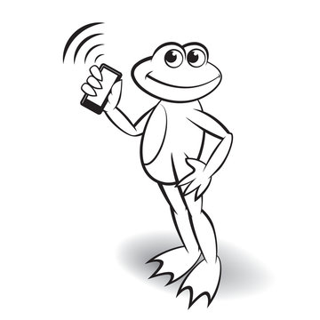 black outline happy frog cartoon holding ringing mobile phone in hand vector illustration