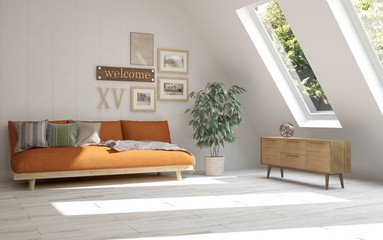 Idea of white room with sofa and summer landscape in window. Scandinavian interior design. 3D illustration