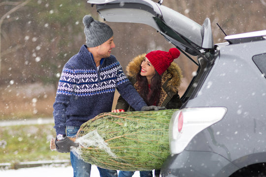 Young Couple With Christmas Tree Into Car Boot
