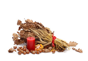 Christmas decoration, red candle, oak leaves, wheat, corn grains, hazelnut isolated on white