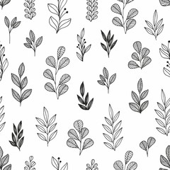 Stylized flowers and branches. Vector linear seamless pattern for design