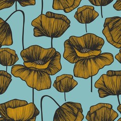 Yellow poppies on a turquoise background. Vector seamless pattern