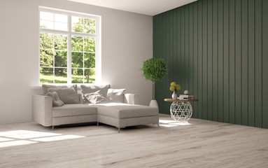 Idea of white room with sofa and summer landscape in window. Scandinavian interior design. 3D illustration