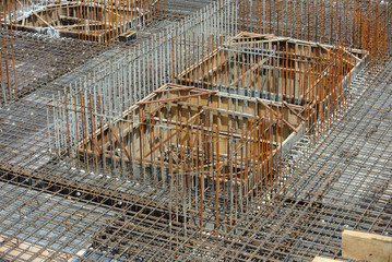 Slab steel reinforcement bar laid on top of timber form work to form part of the floor slab...