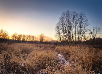 Sunrise over snow covered field