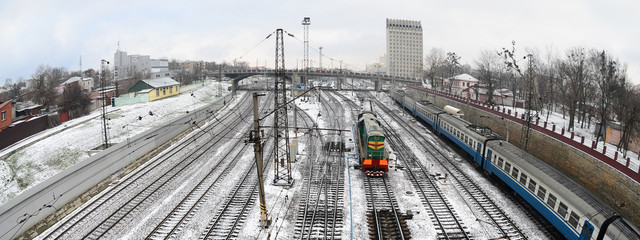 Kharkiv landscape with railroad tracks near the South Railway Station. Fisheye photo with artistic...