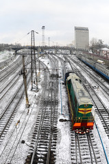 Kharkiv landscape with railroad tracks near the South Railway Station. Fisheye photo with artistic...