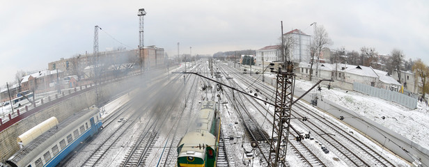 Kharkiv landscape with railroad tracks near the South Railway Station. Fisheye photo with artistic...