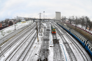 Fototapeta na wymiar Kharkiv landscape with railroad tracks near the South Railway Station. Fisheye photo with artistic distortion