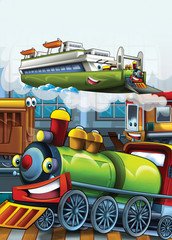 cartoon scene with happy and funny looking train - illustration for children