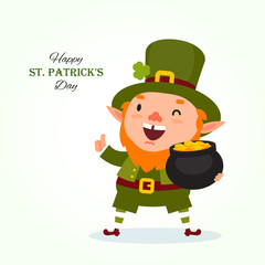 St.Patrick 's Day. Leprechaun with a pot of gold coins. Isolated on white background