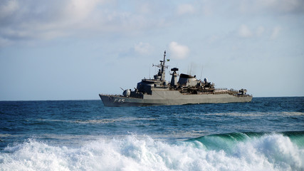 Destroyer War Ship In Action In Ocean