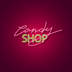 Candy shop neon sign. Neon sign, bright signboard, light banner. Vector icon