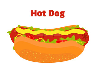 Fast food - hot dog, sausage, bun, mustard, ketchup, vegetables. Vector