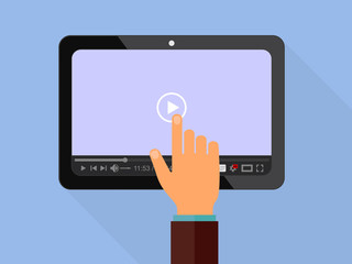 Digital tablet with touchscreen display of video player interface for web and mobile apps. Vector illustration.
