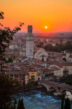 Beautiful sunset aerial view of  Verona, Veneto region, Italy.