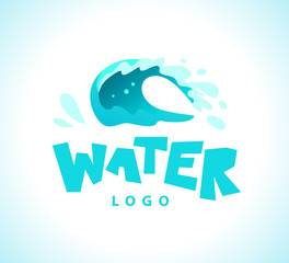 Vector flat illustration of water splashes emblem isolated on white background. Water wave curling icon. Hand written font. Good for pure water label, logo design, packaging label.