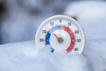 Snowed thermometer shows minus 15 Celsius degree cold winter weather concept