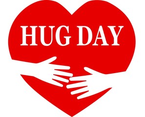 Happy hug day,  red heart with inside text illustration and heands