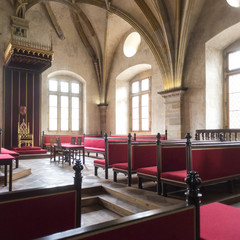 Empty chairs in Diet Hall at Old Royal Palace, Prague Castle, Prague, Czech Republic - 186891238