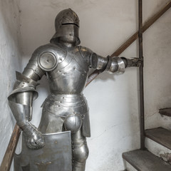 Metal statue of warrior on staircase, Prague, Czech Republic