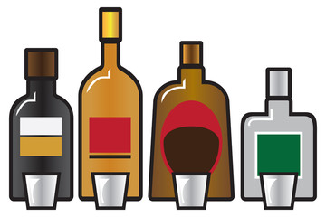 Four different bottles of liquor accompanied by four shot glasses
