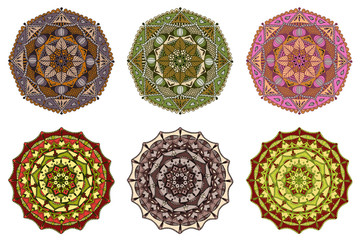 Set of 6 vector colorful hand drawn mandalas