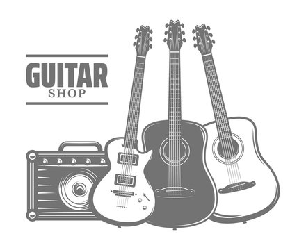 Vintage electric and acoustic guitars, amplifier. guitar shop emblem. vector illustration