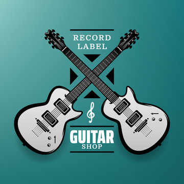 Retro styled guitar shop logo and labels template. Vintage Music icon for audio store. heavy rock, jazz band. Emblems for rock band or rock festival with electric guitar.
