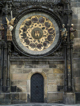 View of the calendar plate of the Prague astronomical clock at Old Town Hall, Old Town Square, Old Town, Prague, Czech Republic