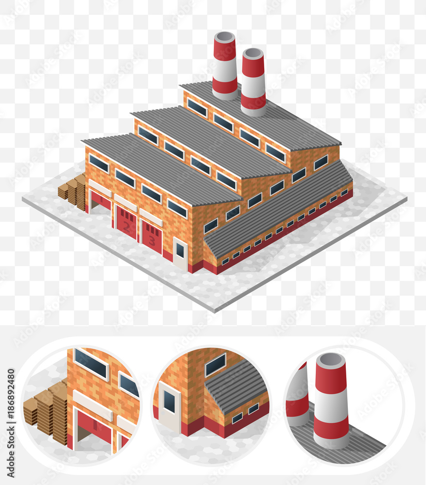 Poster isometric high quality city element with 45 degrees shadows on transparent background . factory