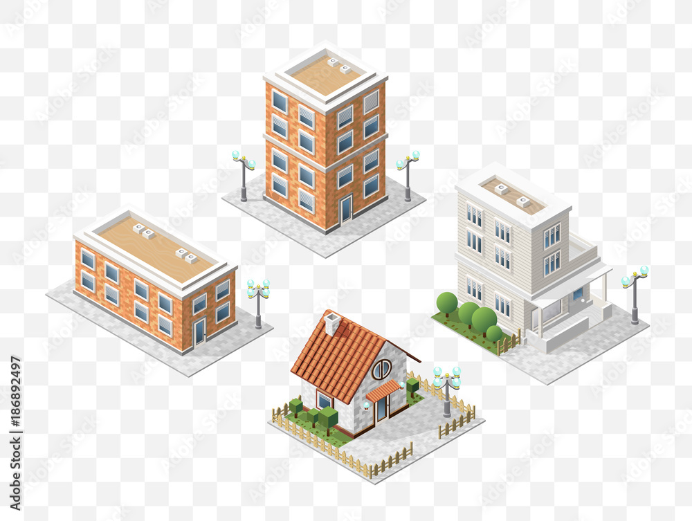 Poster set of 4 isometric high quality city elements with 45 degrees shadows on transparent background . re