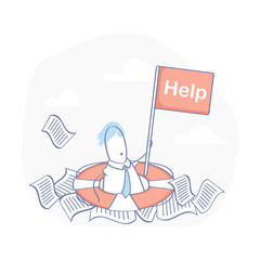 Businessman under a lot of documents in the lifebuoy and holding a help placard. A lot of paper work, overworked, overload, busy and tired, stress concept