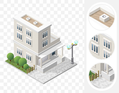 Isometric High Quality City Element with 45 Degrees Shadows on Transparent Background . Residential