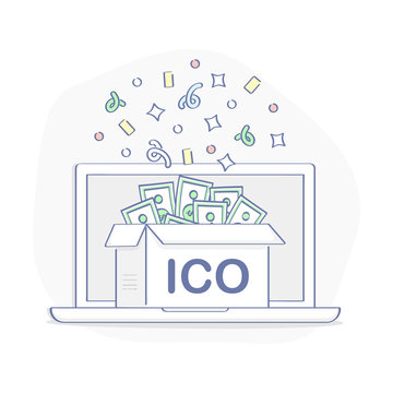 Successful Blockchain ICO Vector Illustration. Full Box Of Money. Initial Coin Offering, IT Startup Crowdfunding Vector Concept