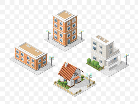 Set of 4 Isometric High Quality City Elements with 45 Degrees Shadows on Transparent Background . Residential