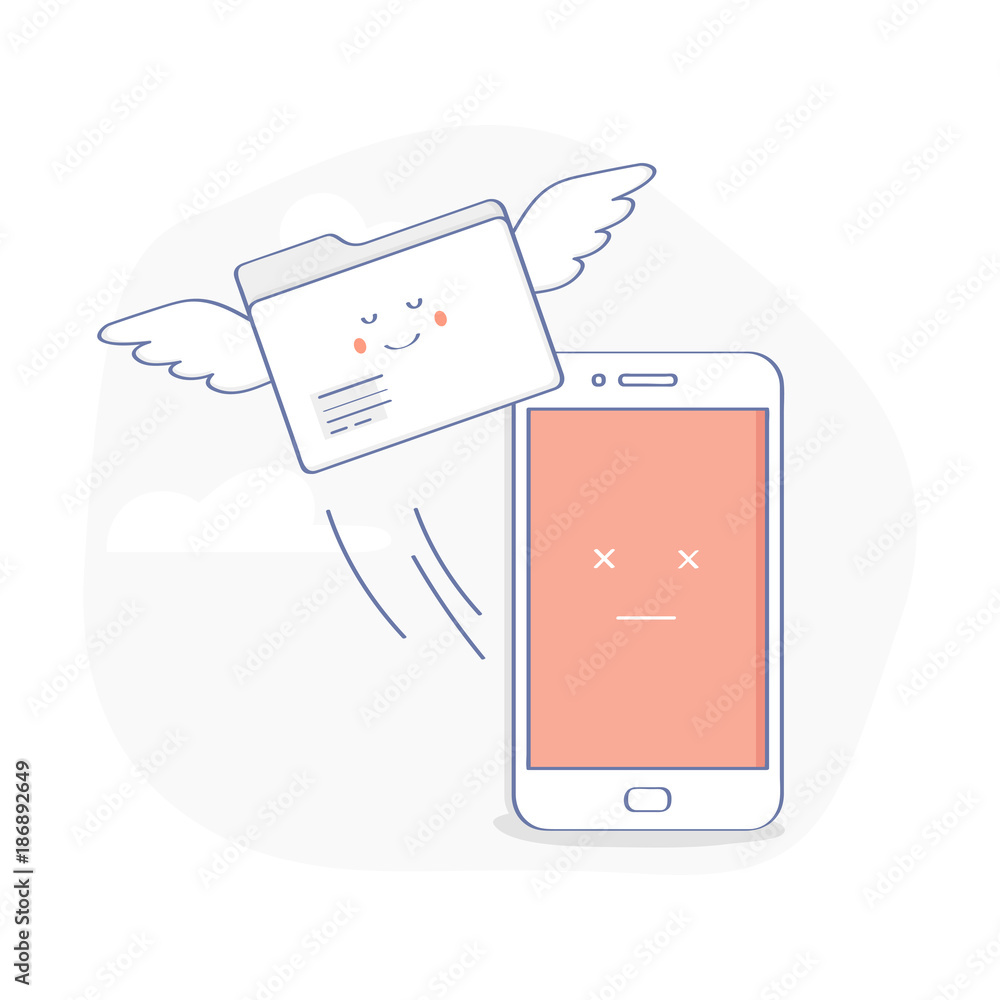Aufkleber the folder with the data flies away from the dead or broken mobile phone. data recovery, backup, clo