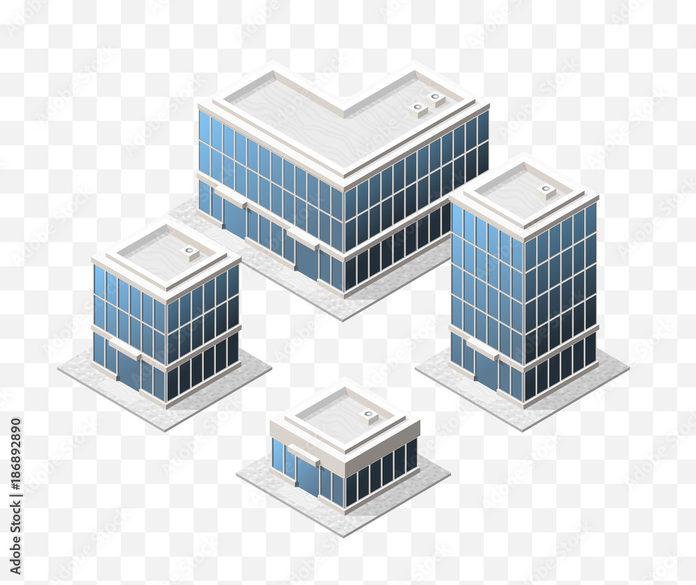 Poster set of 4 isometric high quality city elements with 45 degrees shadows on transparent background . re