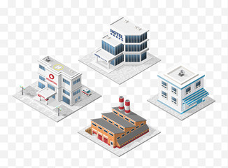 Set of 4 Isometric High Quality City Elements with 45 Degrees Shadows on Transparent Background . Hospital , Hotel , Factory and Restaurant 